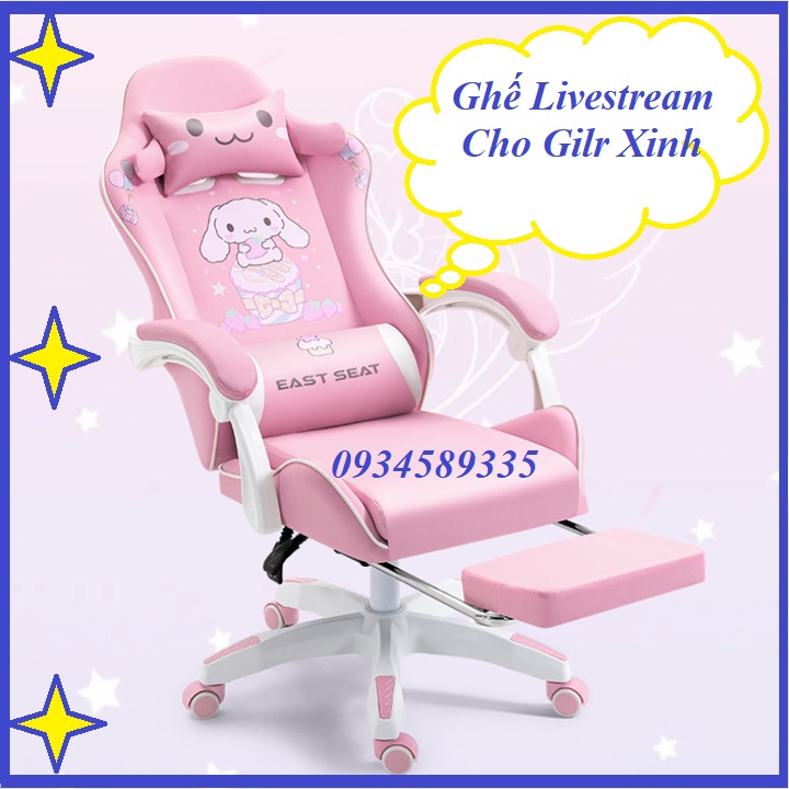 Ghế Livestream Cao Cấp Hồng, Ghế Game Hồng, Chân Xoay Có Mát Xa,Ghế Game Có Gác Chân Ngả Lưng 155 Độ