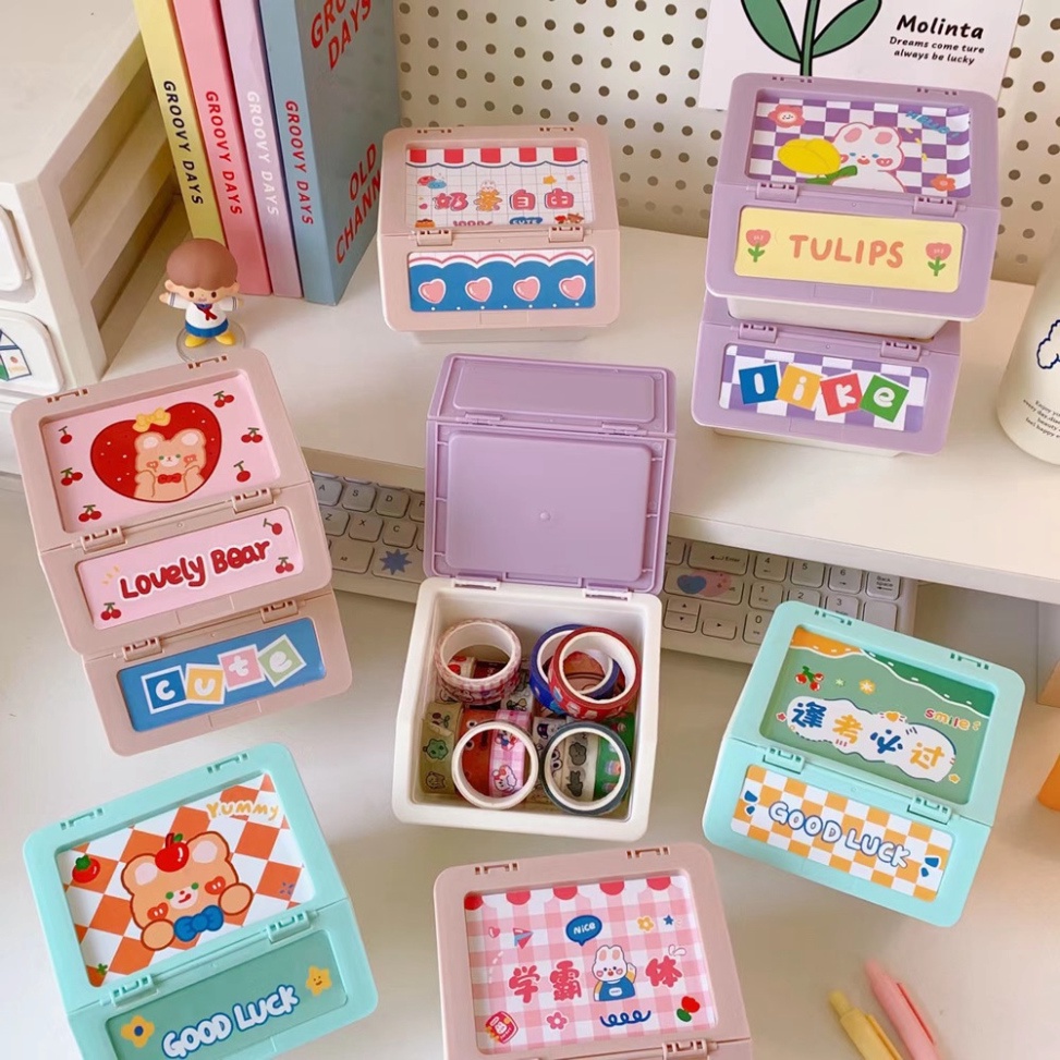 Kệ Đựng Đồ Mini - Hộp Đựng Trang Sức Nắp Lật Họa Tiết Hoạt Hình Dễ Thương Có Thể Xếp Chồng