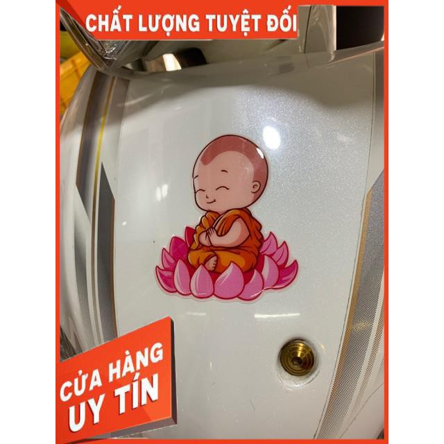 Decal tem nổi tổng hợp chú tiểu vui vẻ, chú tiểu ngồi hoa sen