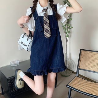 【HangFei】Đầm Yếm Denim Phối Bèo Plus Size Thời Trang