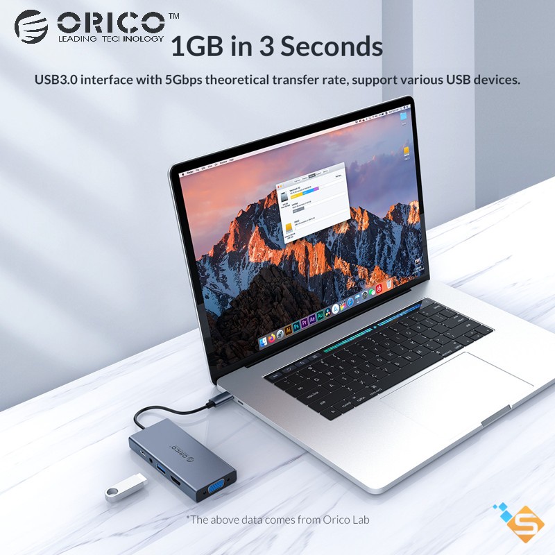 Bộ Chia Hub ORICO 5 Trong 1 Type-C Sang HDMI+USB3.0+VGA+AUDIO+PD 100W Tiện Dụng Cho Macbook Laptop PC - BH 1 Năm