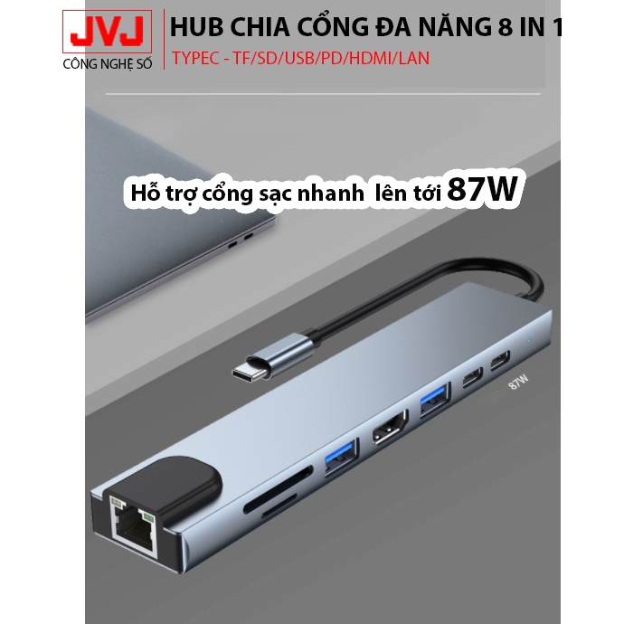 Hub USB Type-C JVJ BUL-2017L đa năng 8 Cổng HDMI USB 3.0 SD TF LAN Gigabit RJ45 tốc độ truyền mạng 100Mbps Bh 2 năm | BigBuy360 - bigbuy360.vn