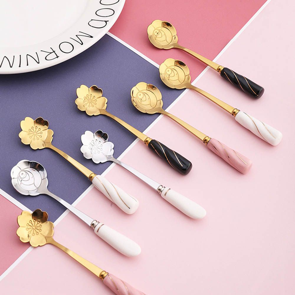 Muỗng thép không gỉ hình hoa tay cầm gốm dùng uống trà/cà phê cho nhà bếp