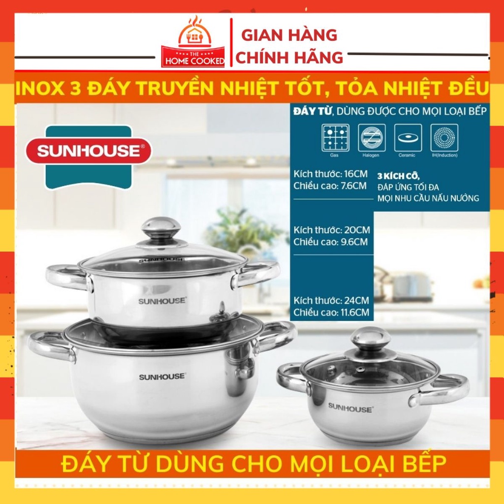 Bộ nồi inox Sunhouse 3 chiếc SH334