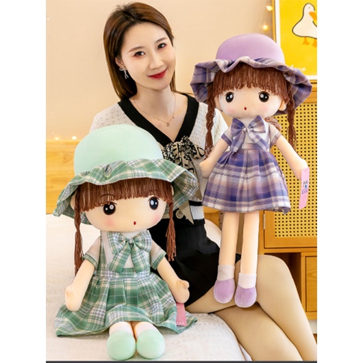 Gấu bông cho bé búp bê mặc áo đầm kẻ sọc caro dài ôm 45cm-60cm