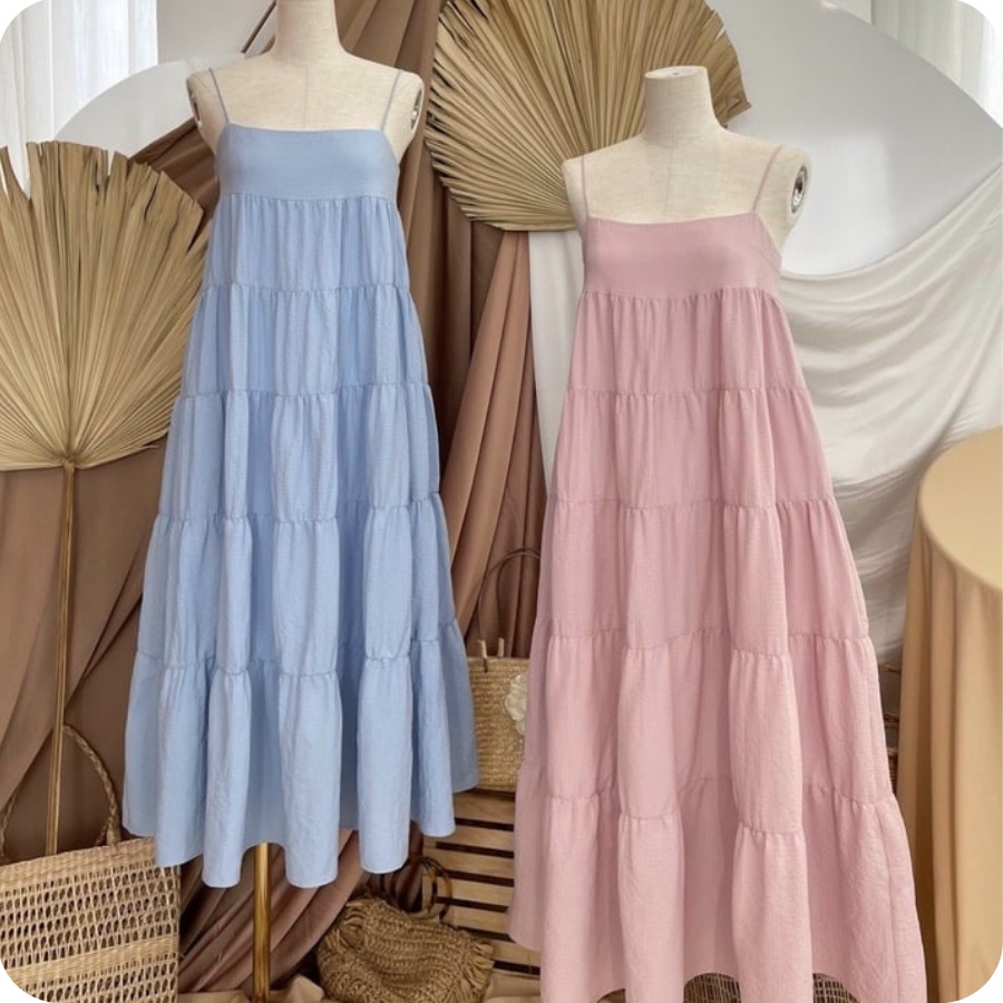 Đầm maxi 2 dây, đầm form babydoll thiết kế nhiều tầng tone màu pastel