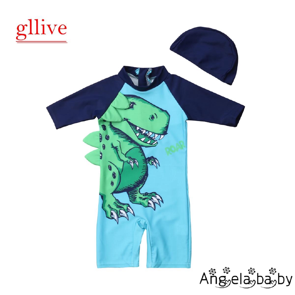 Set đồ bơi áo liền quần khủng long + mũ trùm đầu cho bé