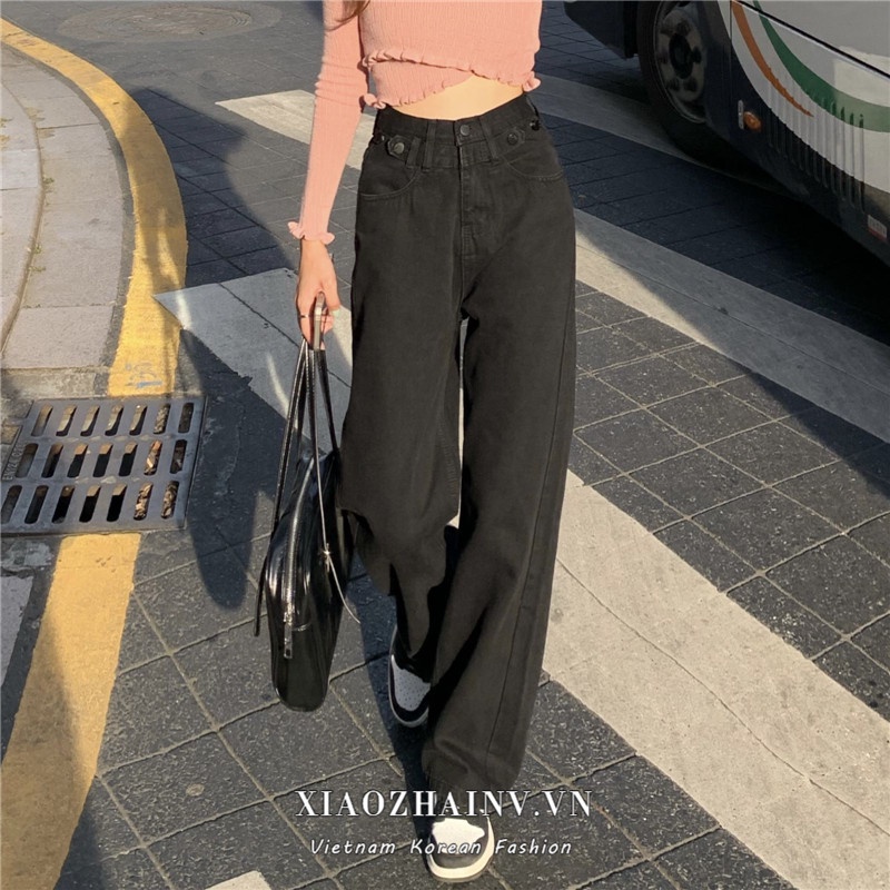 Xiaozhainv Quần jeans dài lưng cao ống rộng phong cách retro Hàn Quốc cho nữ
