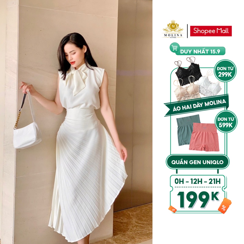 Set Chân Váy Dập Ly Thiết Kế Molina Cổ Khăn Thắt Nơ Dáng Dài Chất Lụa Mềm Mịn