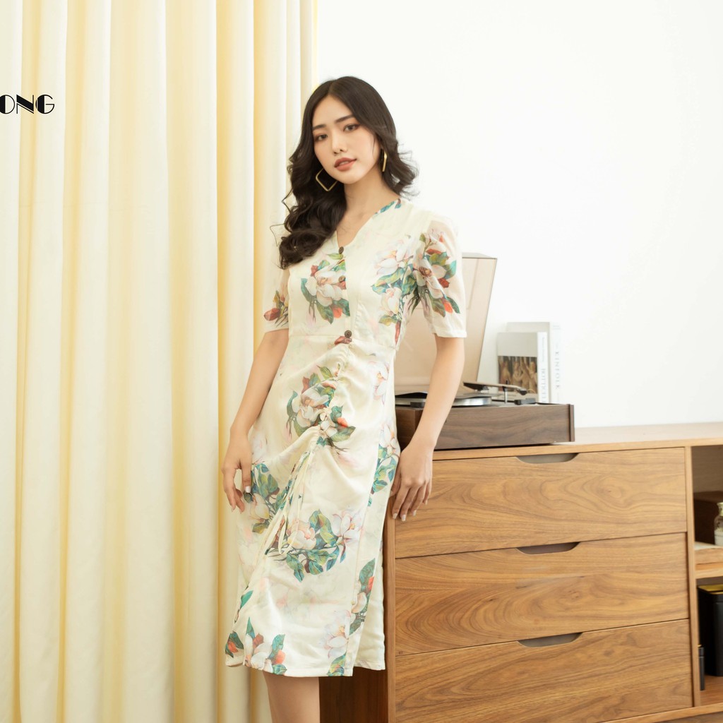 Đầm nữ voan hoa vạt chéo rút dây tùng KAMONG D142