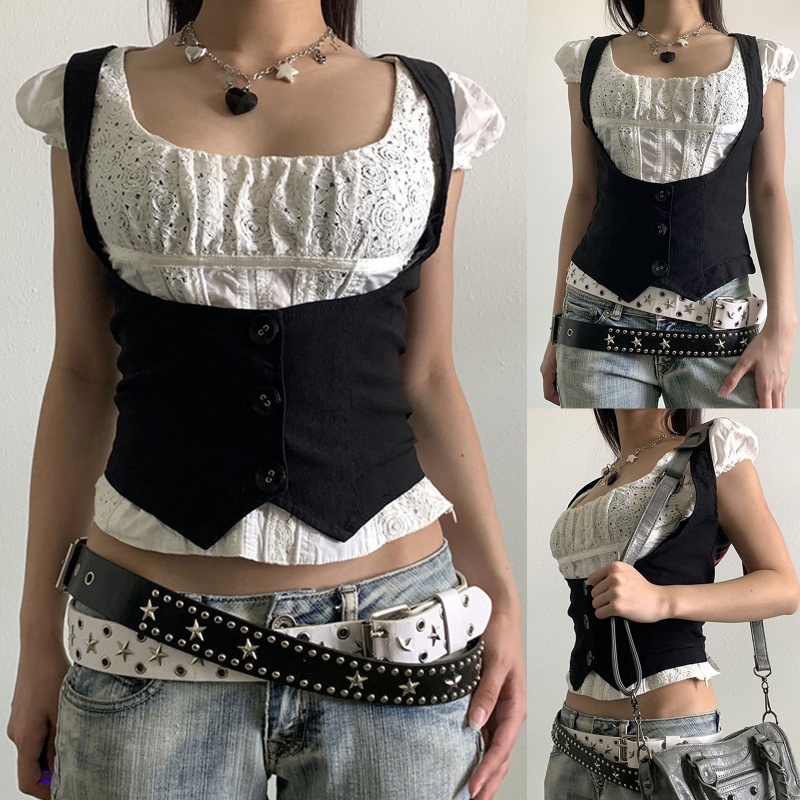 Áo gile croptop sát nách màu đen trơn phối 3 nút phong cách cổ điển thời trang cho nữ