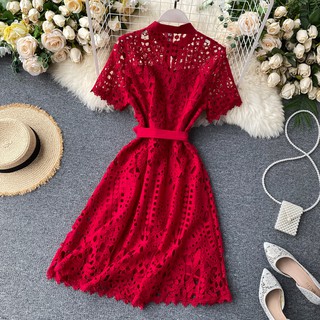 Váy ren cổ sơ mi đầm xòe tiểu thư sang chảnh