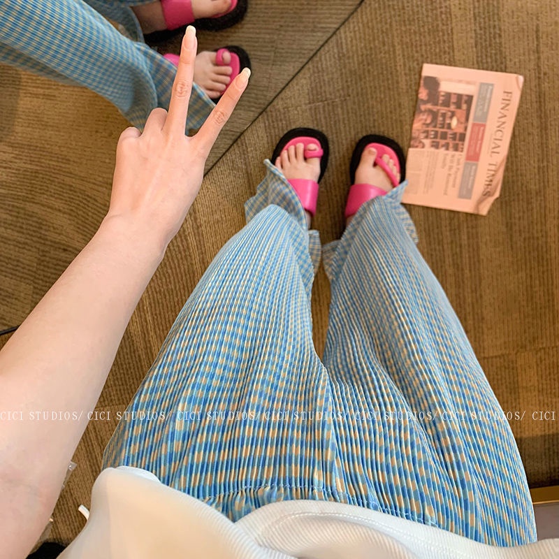 Quần Dài Lưng Cao Ống Rộng Họa Tiết Sọc Caro Thiết Kế Mới Thời Trang Mùa Hè Theo Phong Cách Harajuku Cho Nữ