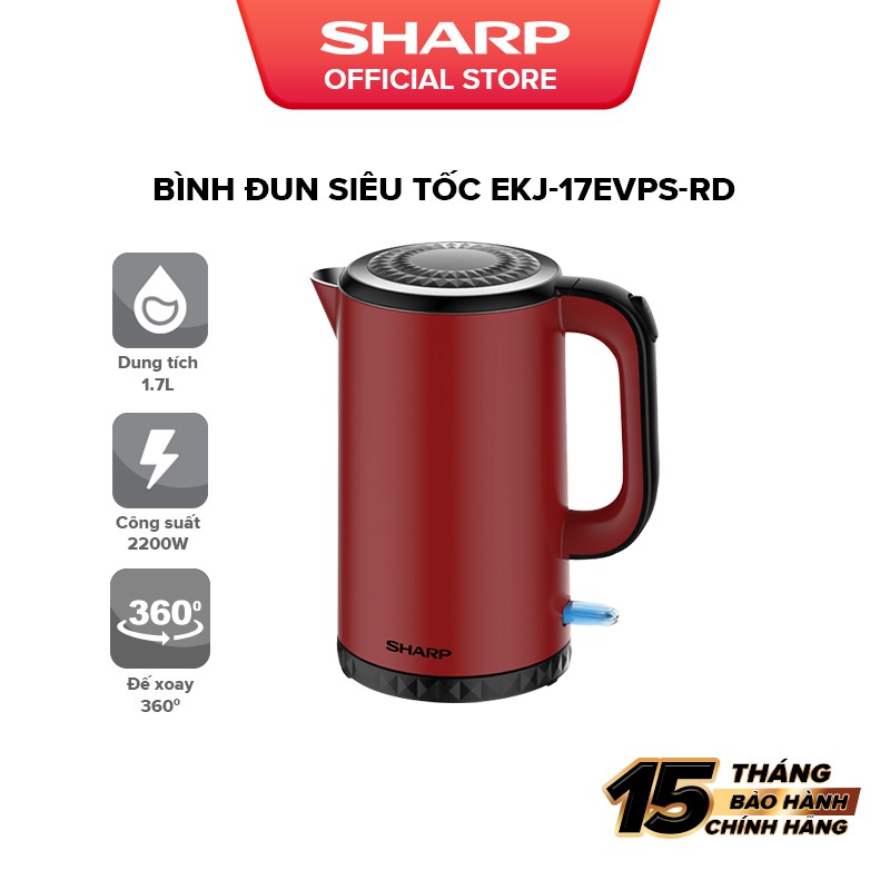 [Mã ELBAU10 giảm 10% đơn 500K]Bình đun siêu tốc Sharp 1.7 lít EKJ-17EVPS-RD, Chế Độ An Toàn Tự Tắt Khi Sôi