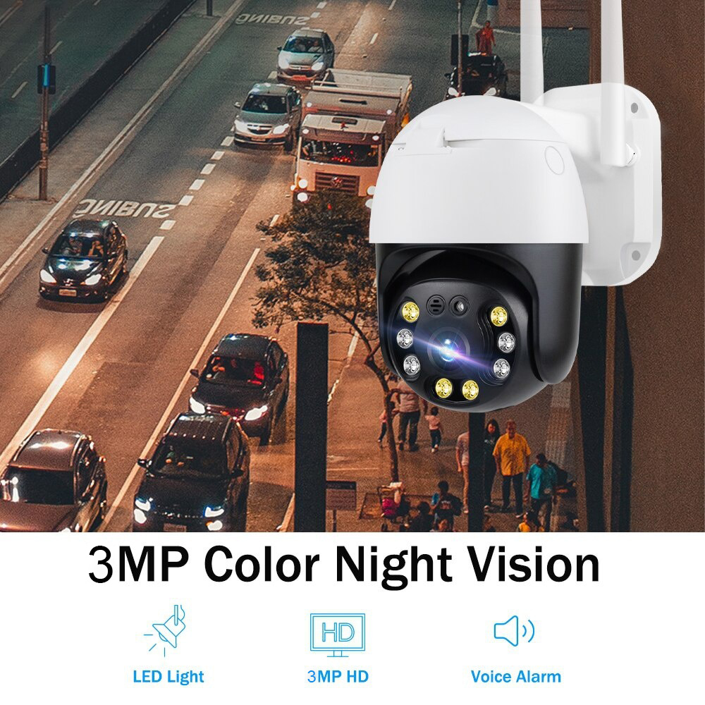 EVKVO - Full Color Night Vision - Humanoid Detection - 4x Digital Zoom - HISEE SE APP FHD 3MP H.265 WIFI Camera Rotate Waterproof Wireless Outdoor PTZ IP Camera CCTV Motion Voice Alert Two Way Audio