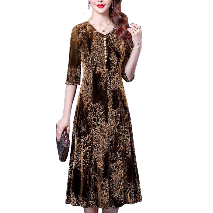 Đầm Trung Niên Dáng Xoè Giấu Bụng Cho Mẹ Thun Kim Tuyến Cao Cấp Co Giãn Tốt Đính Hạt Châu U50 U60 Goti 3335