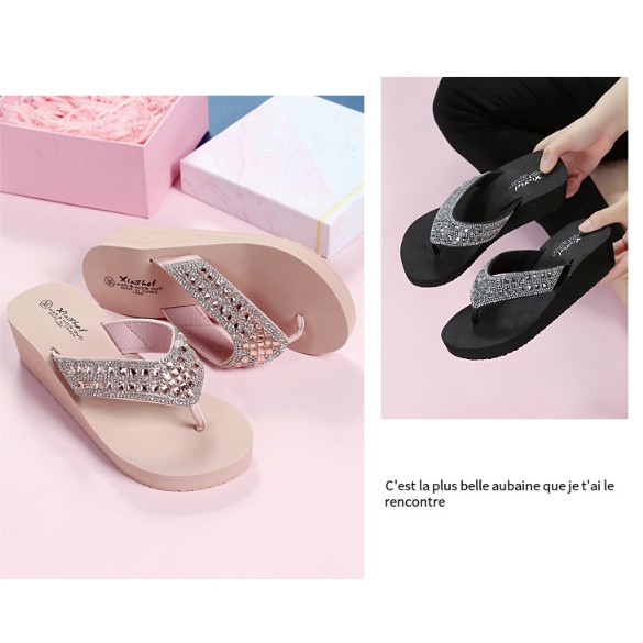 Dép nữ thời trang xỏ ngón đính đá sang trọng đế cao 5cm DN16