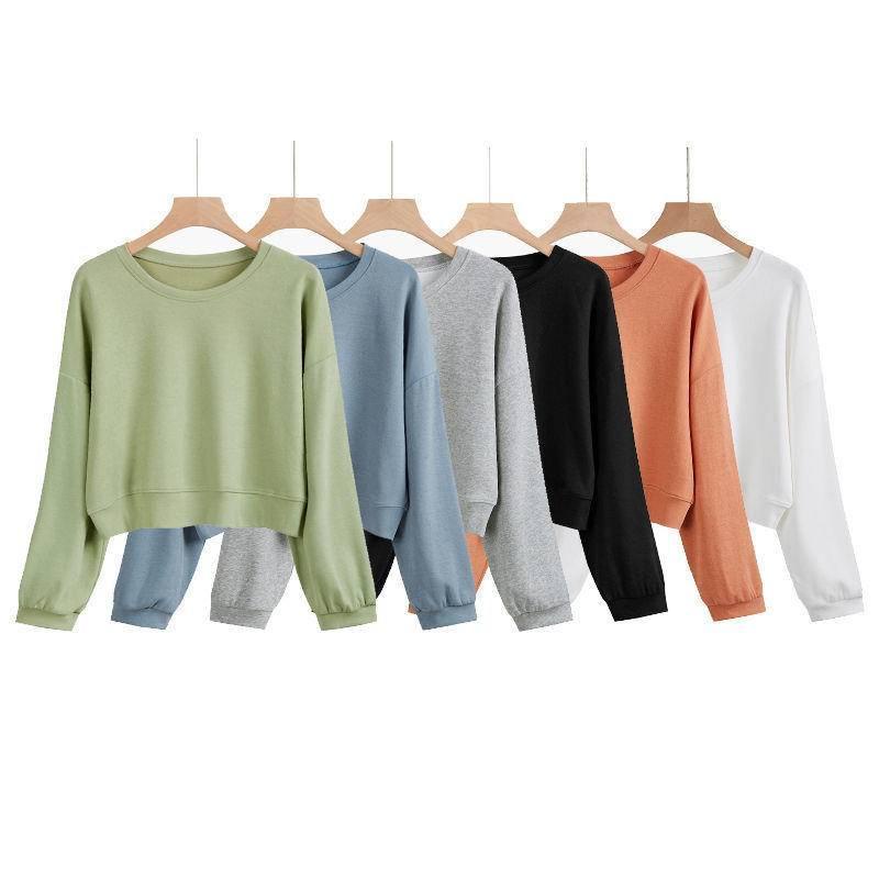 Women Sweatshirt Korean Version Solid Color Plus Size Sweatshirt Temperament Round Neck Long Sleeve Fashion Loose Top