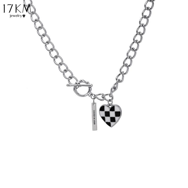 Dây chuyền / Vòng tay 17KM bằng kim loại mặt trái tim caro trắng đen khóa OT thời trang
