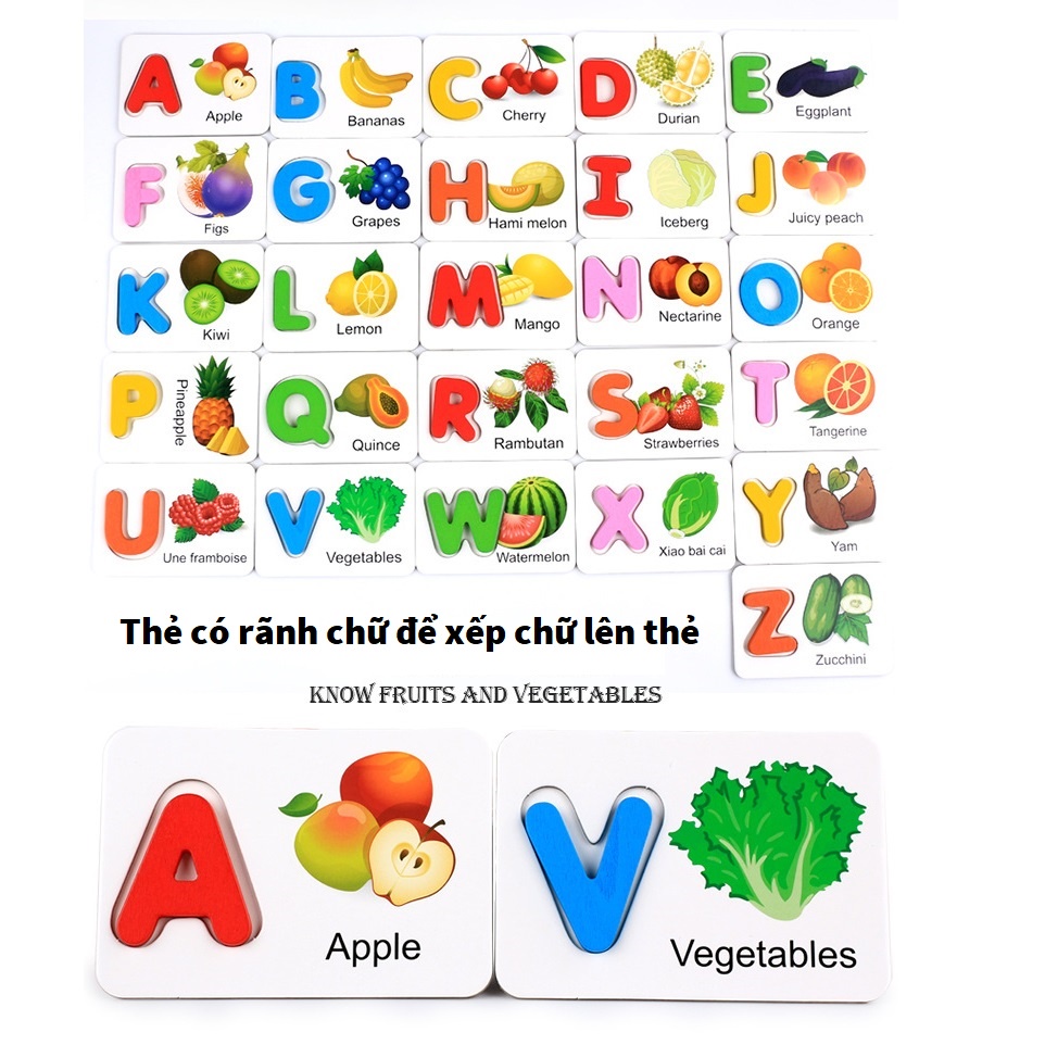 Bộ thẻ flashcards tiếng anh 26 thẻ + 26 chữ cái KB216007, thẻ flashcard tiếng anh giúp học tiếng anh qua hình ảnh cho bé