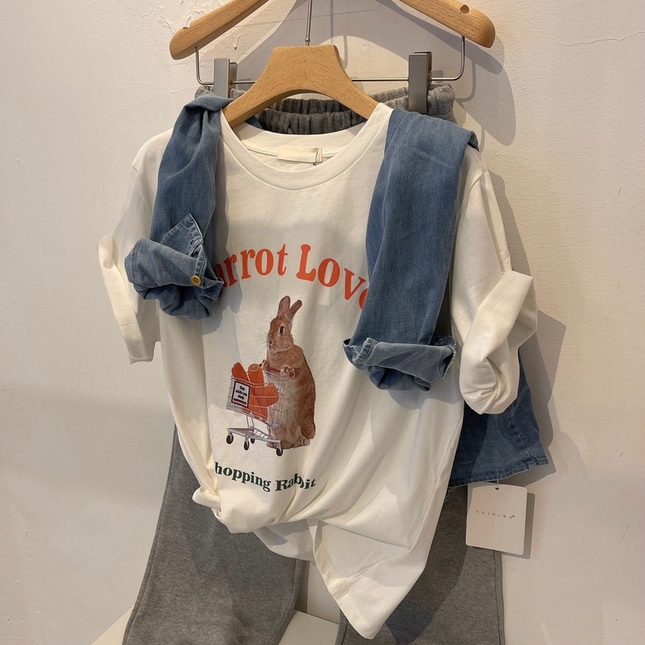 NUZIRO Áo thun  cotton tay ngắn cổ tròn in họa tiết hoạt hình phong cách cổ điển thời trang cho nữ