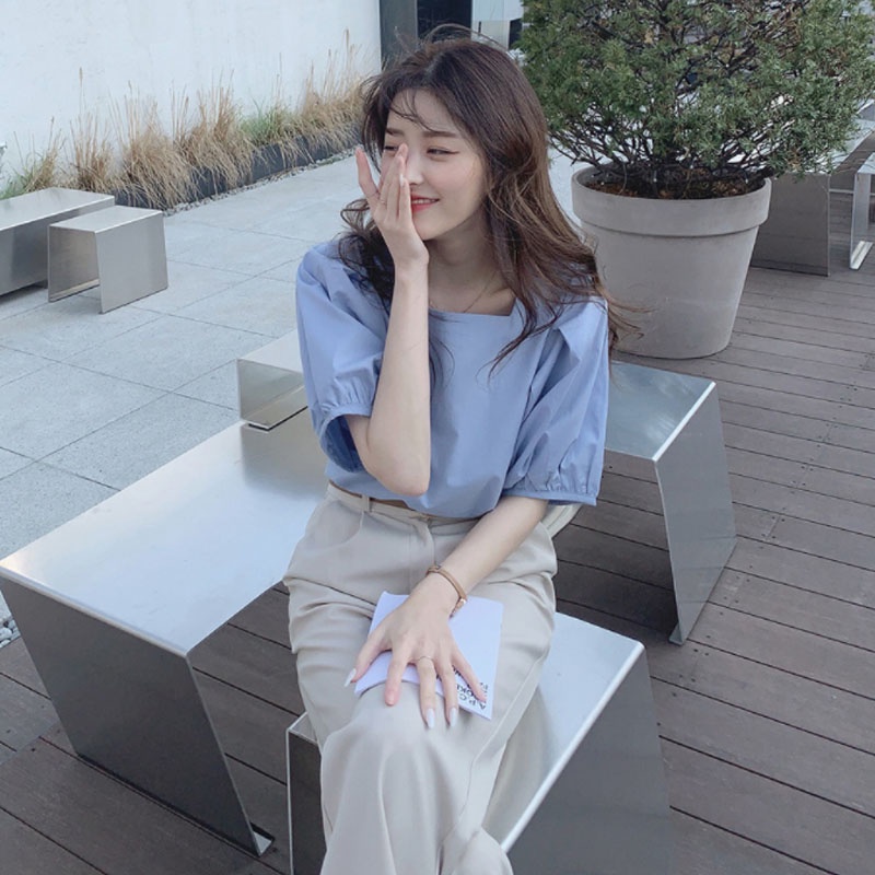 Áo sơ mi IELGY tay ngắn cổ vuông dáng rộng phong cách Pháp thời trang cho nữ