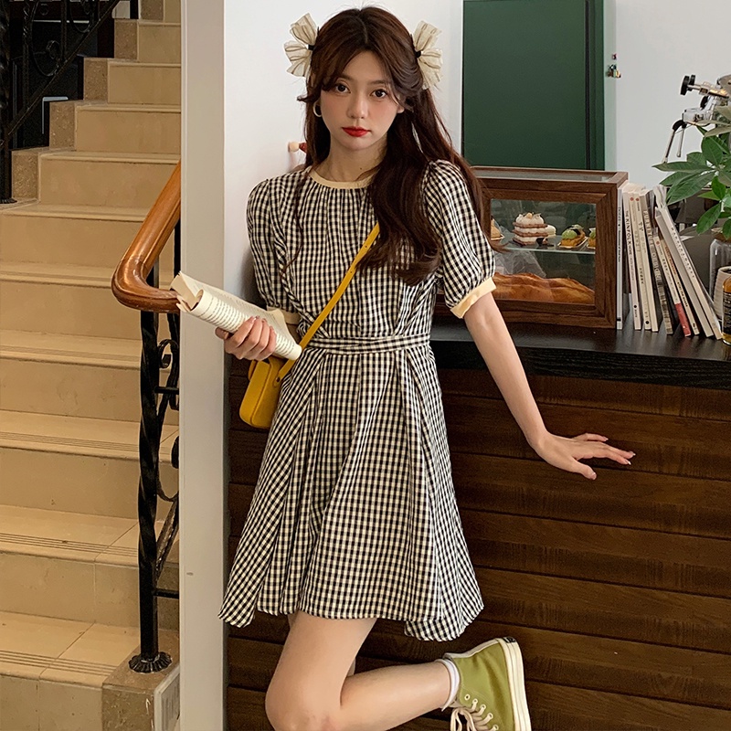 Đầm chữ A SUXI ngắn tay cổ tròn kẻ sọc caro phong cách Hàn Quốc thời trang hè cho nữ