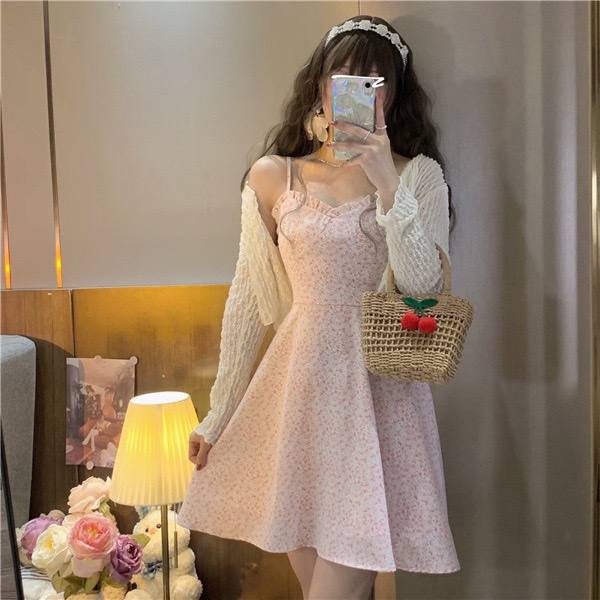 Váy hoa nhí hai dây ngực bèo dáng ngắn phối cardigan thun hè Ulzzang Style 🌸 Hàng Quảng Châu