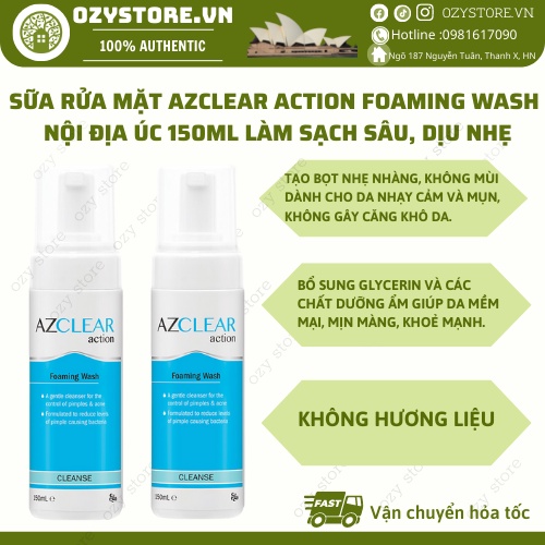 Sữa rửa mặt tạo bọt Azclear Action Foaming Wash 150ml nội địa ÚC làm sạch sâu cho da mụn, nhạy cảm