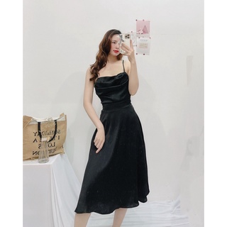 Đầm phi lụa 2 dây cổ đổ