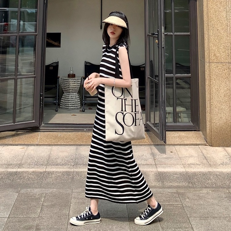 Đầm ZHELIHANGFEI dệt kim sát nách dáng dài kẻ sọc cá tính thời trang xinh xắn cho nữ