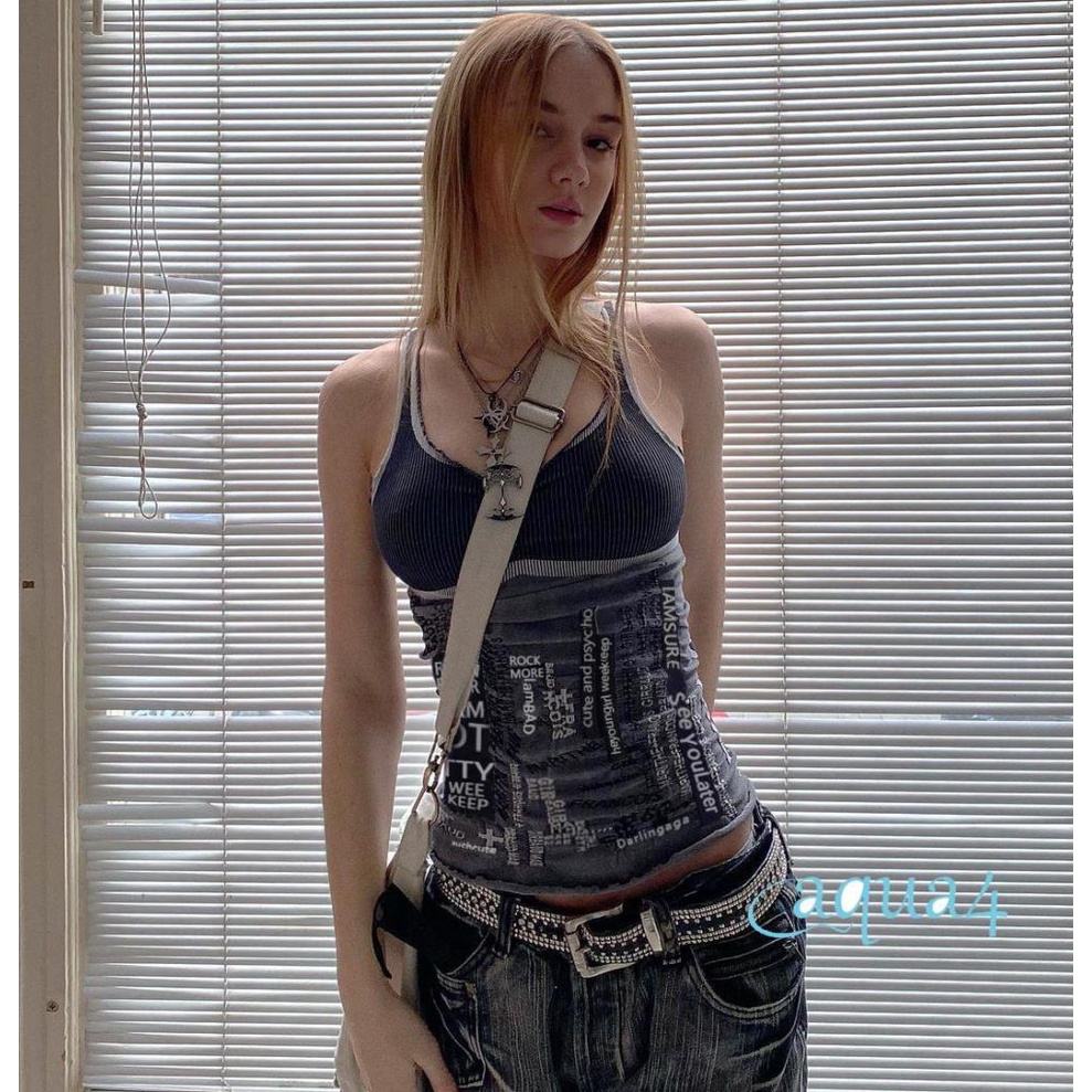 Áo Croptop Hai Dây Dáng Ôm Hở Lưng In Họa Tiết Thời Trang Harajuku Grunge E-Y2K Dành Cho Bạn Nữ