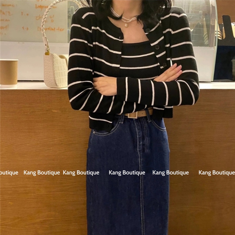 Áo khoác Cardigan len mỏng cho nữ phong cách Ulzzang kèm Áo 2 dây co dãn chất tăm Kang Boutique Mã SE003