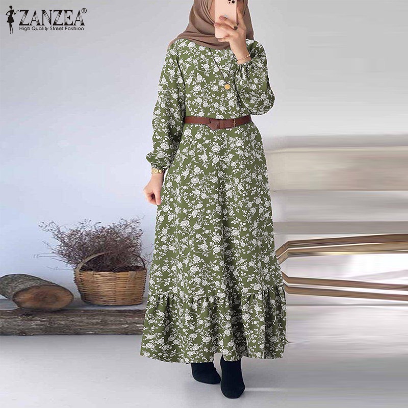 Đầm maxi Zanzea dài cổ tròn in họa tiết hoa phong cách Vintage thời trang cho nữ