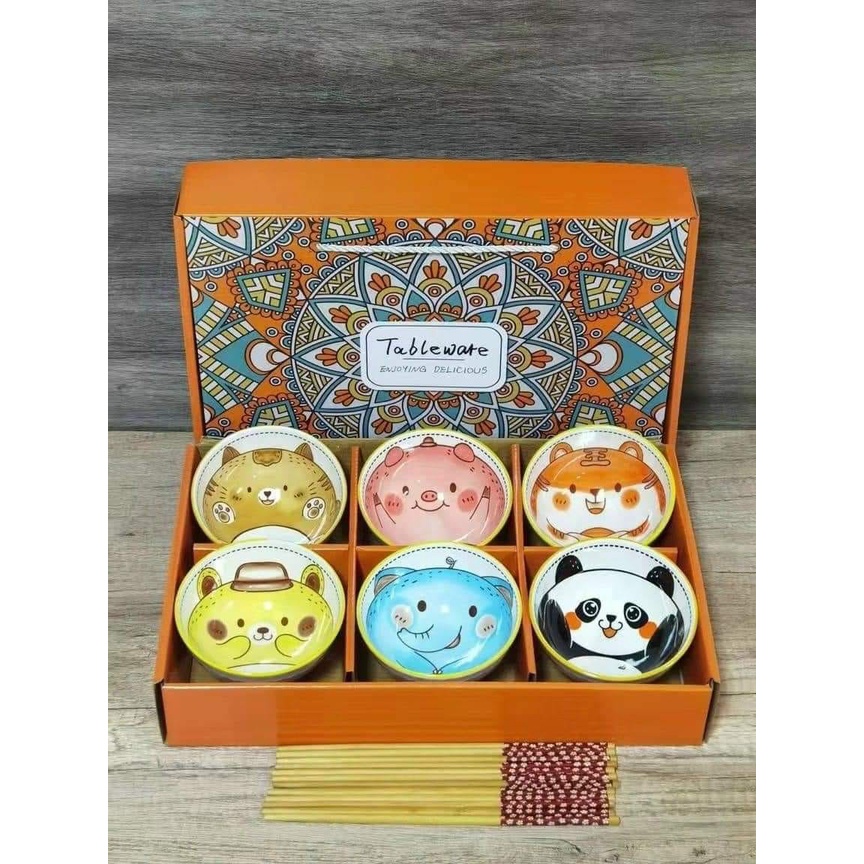 set 6 bát kèm đũa hình gấu Bohemia ,bộ 6 bát cute tặng đũa cực xinh