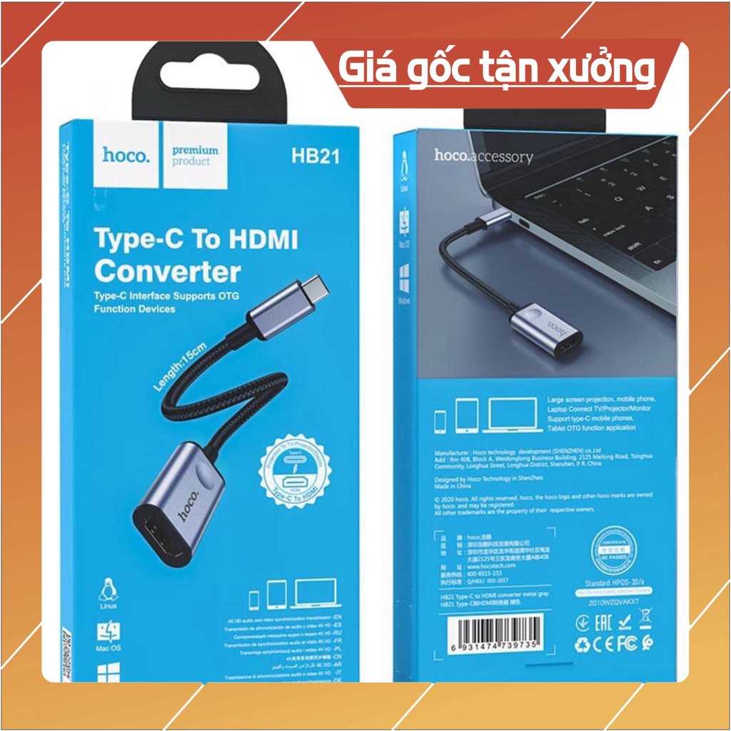 Bộ chuyển đổi đầu Type-C sang HDMI Hoco HB21 hợp kim nhôm, hỗ trợ chơi game, video, âm nhạc với chất lượng video 4K