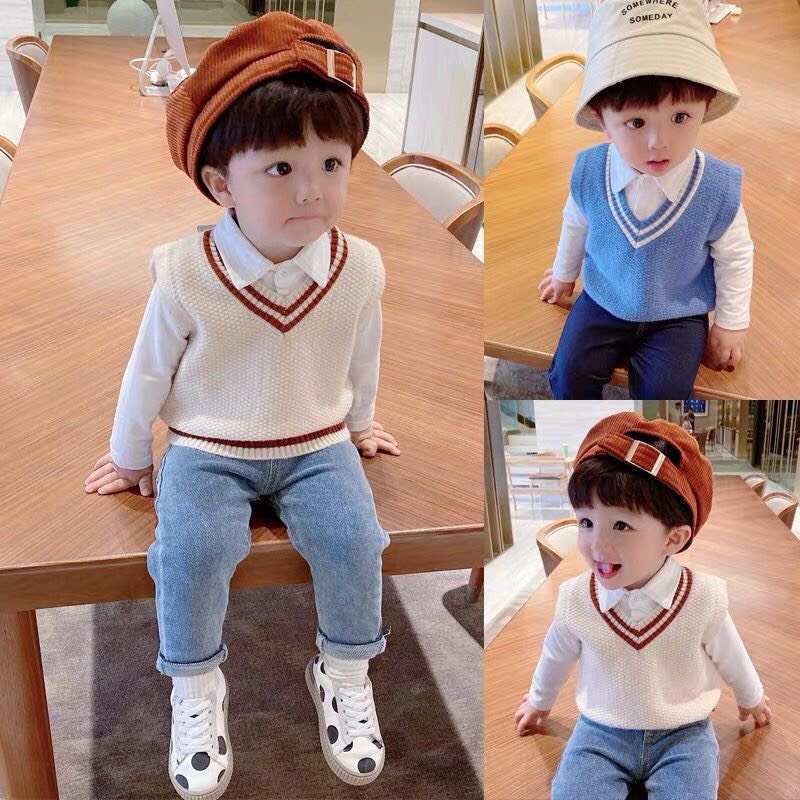 (Video)Áo gile len bé trai phối cổ tim gi lê phong cách Hàn Quốc soái ca 0-8 tuổi cực đẹp #GL1