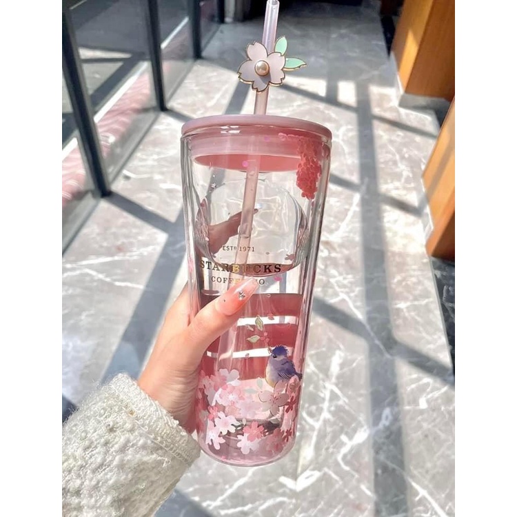 Ly thủy tinh Starbucks chim và hoa