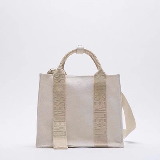 [ZARA] TÚI XÁCH ZARA MINI VẢI DÙ IN CHỮ MÀU TRẮNG KEM