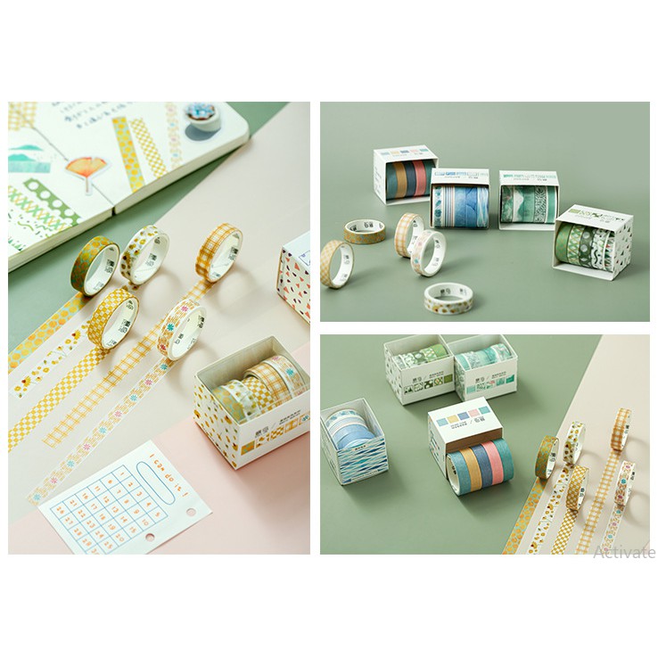 KimiTape Set 5 washi tape nhiều mẫu 10mmx2m băng dính nhỏ trang trí Bullet Journal