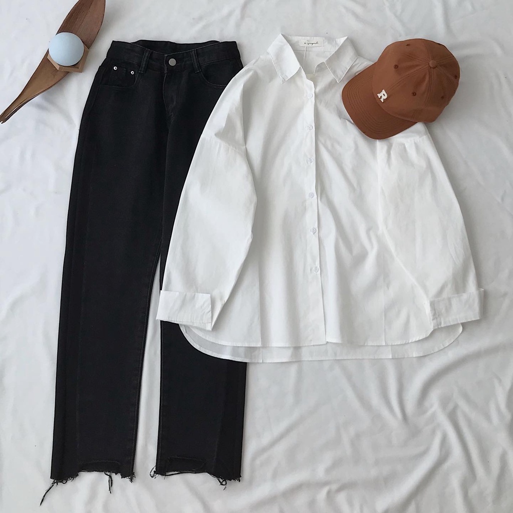 Quần Bò Nữ Ống Đứng SEKYO JEM CLOSET Màu Đen Xanh Cắt Gấu Cạp Cao Hách Dáng Phong Cách Trẻ Trung 2873