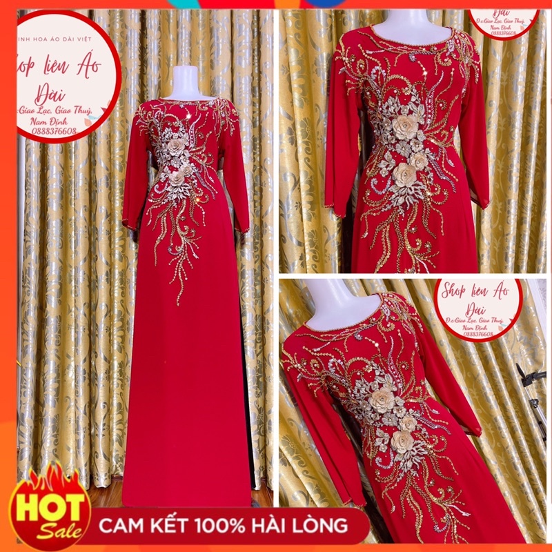 Áo dài đỏ đô đính kết hoa ren phối pha lê, 4 tà cổ tròn, tay lỡ