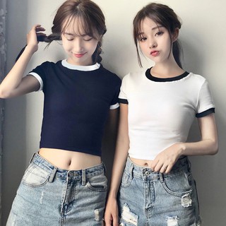 Áo thun crop top nữ dáng ôm phối màu