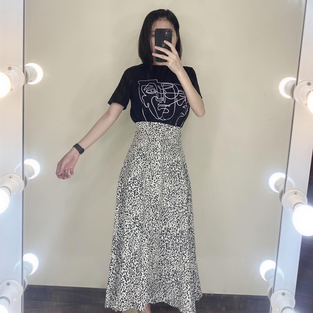 Chân Váy Da Beo Midi, Áo Phông Tay Lỡ Pull Đen