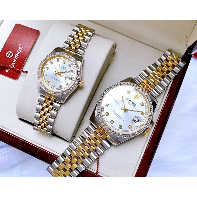 Đồng hồ đôi Sunrise Size nam 40mm Size nữ 26mm Dây Thép Demi Kính Sapphire Bảo hành 1 năm