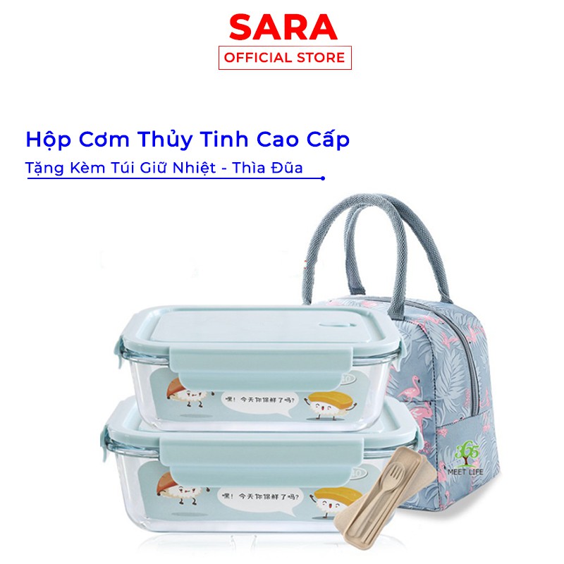 Hộp Cơm Thủy Tinh Hộp Đựng Thức Ăn Cao Cấp Tặng Kèm Túi Giữ Nhiệt Và Bộ Dụng Cụ ăn - Shopsara