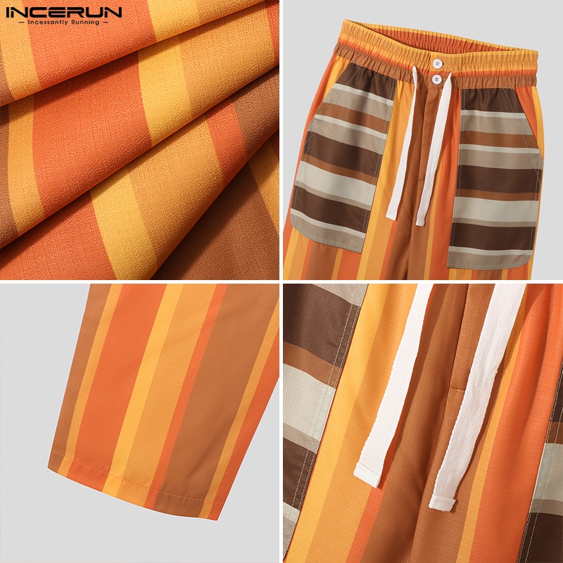 Quần dài INCERUN lưng thun rút dây họa tiết kẻ sọc nhiều màu phong cách cổ điển cho nam