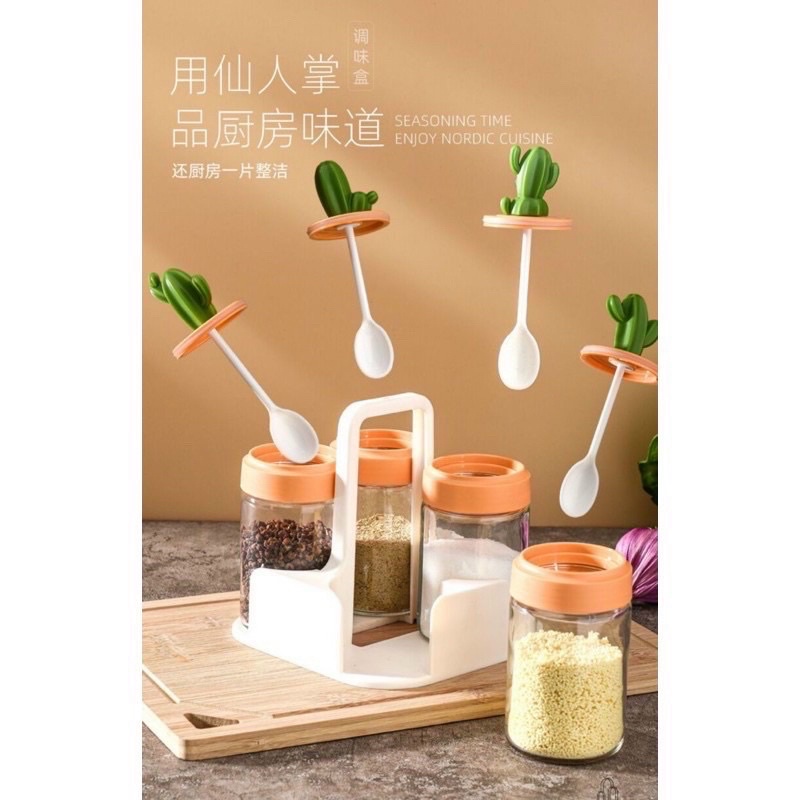 Set 4 Lọ đựng gia vị thủy tinh xương rồng cao cấp, hũ bột canh kèm muỗng thìa đẹp