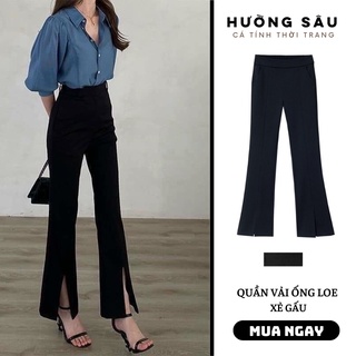 Quần ống loe cạp cao chất tuyết mưa dáng dài, Quần vải nữ xẻ gấu ống loe lưng cao phong cách hàn quốc