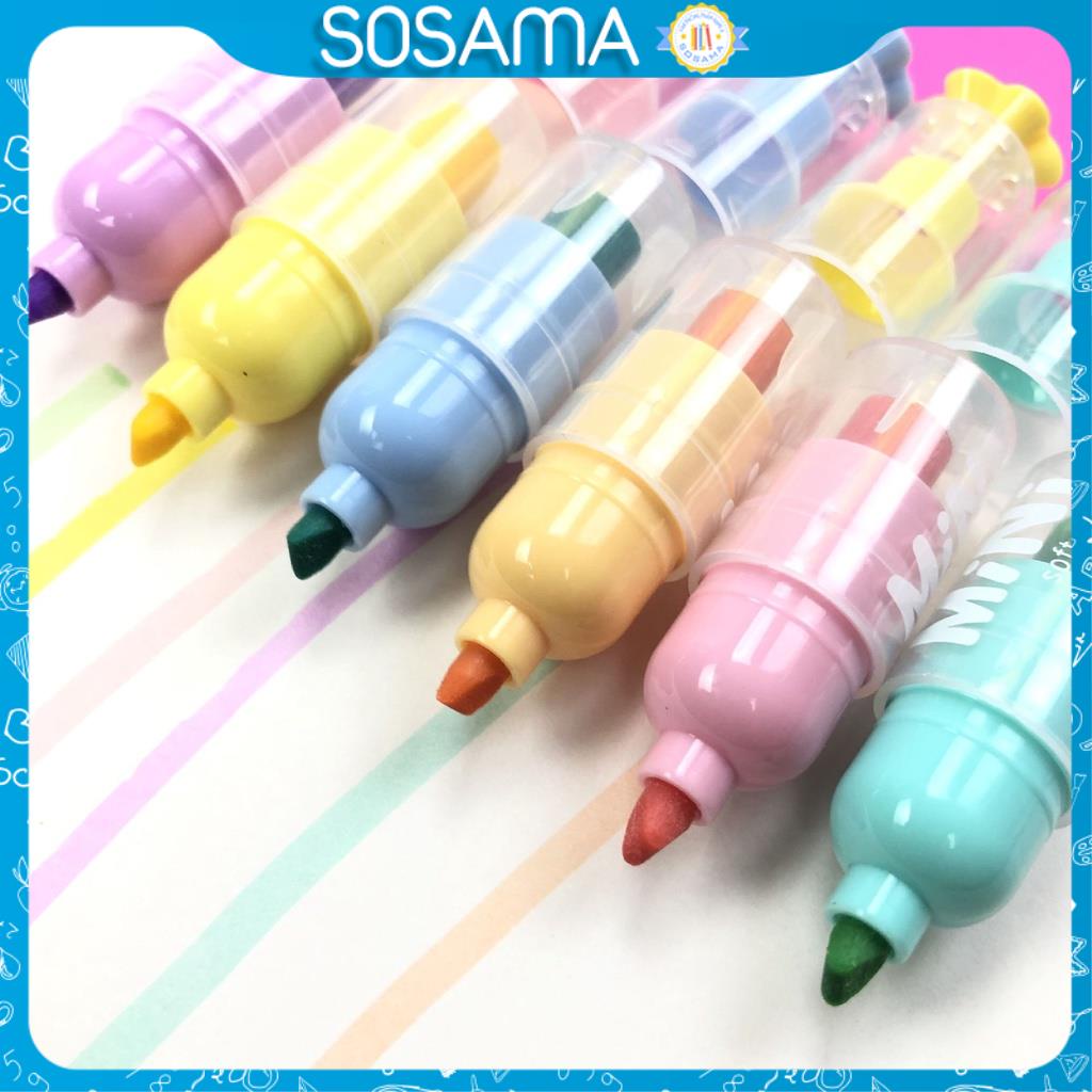 Set bút đánh dấu 6 màu SOSAMA bút nhớ highlight nhiều màu dễ thương kèm hộp đựng SP-001361